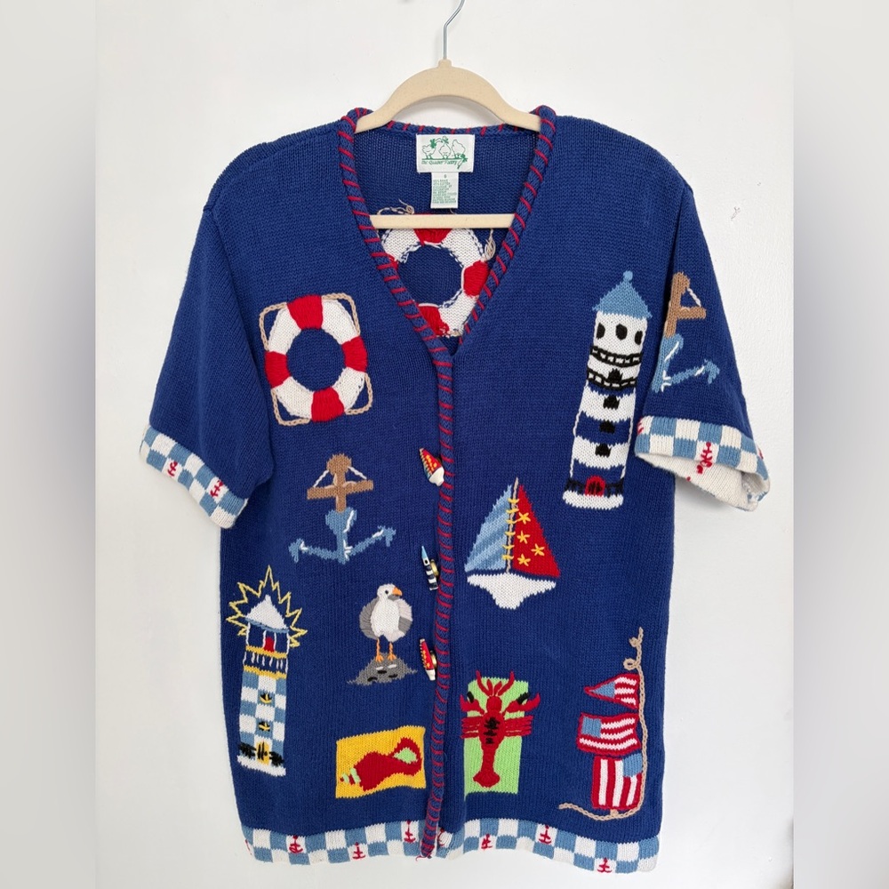 Quacker Factory Blue Knit Top with Red Stitching